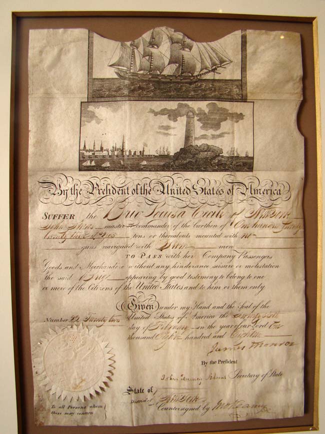 A superb Meditteranean Ships Passport document signed on February 26, 1818 by President James Monroe and Secretary of State and future President John Quincy Adams.